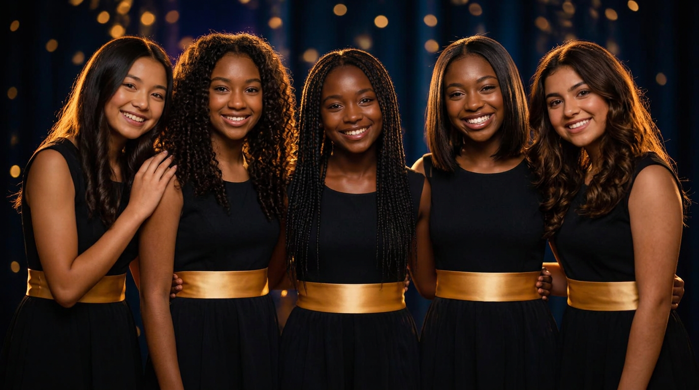 Junior Stars members in black dresses with gold sashes